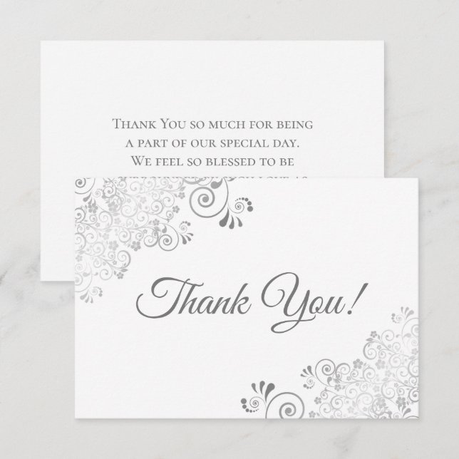 Cartão De Agradecimento Casamento Simples e Lacy Silver e White (Frente/Verso)