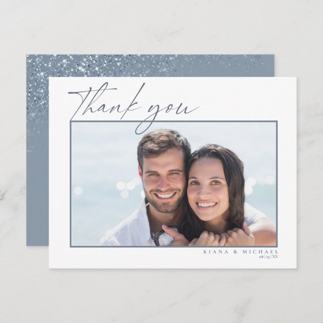 Cartão De Agradecimento Casamento Sparkles Obrigado Dusty Blue ID889 (Frente/Verso)