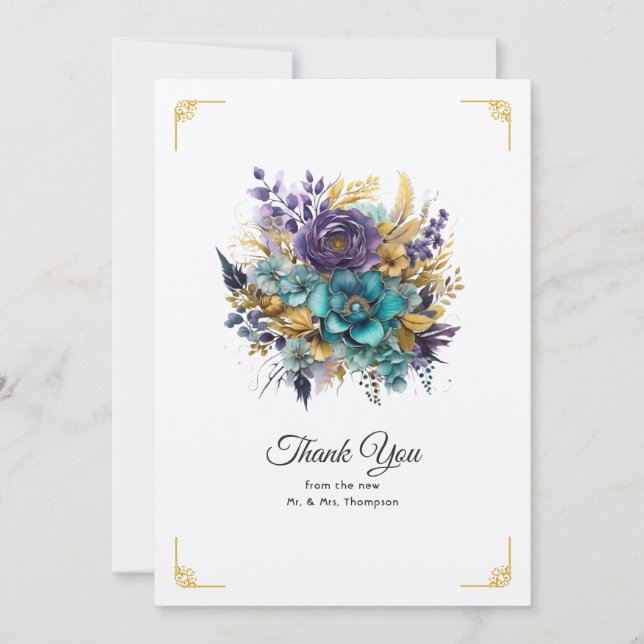 Cartão De Agradecimento Casamento Teal, Roxo e Dourado Floral (Frente)