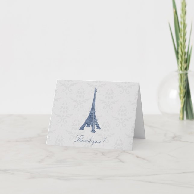 Cartão De Agradecimento Casamento tema damasco De Torre Eiffel Azul Obriga (Frente)
