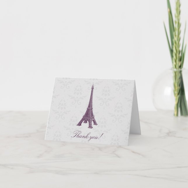 Cartão De Agradecimento Casamento tema damasco de Torre Magenta Eiffel Obr (Frente)