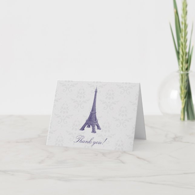 Cartão De Agradecimento Casamento tema damasco Roxo Eiffel Torre Obrigado (Frente)