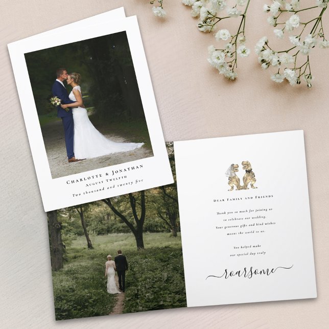 Cartão De Agradecimento Casamento Temático de Dinossauro Foto Agradeciment (2 photo Dinosaur theme wedding thank you card T-Rex dino bride and groom personalized message)