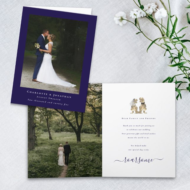 Cartão De Agradecimento Casamento Temático de Dinossauro Foto Azul Marinho (Dinosaur theme wedding photo thank you navy blue folded card T-Rex dino bride and groom elegant )