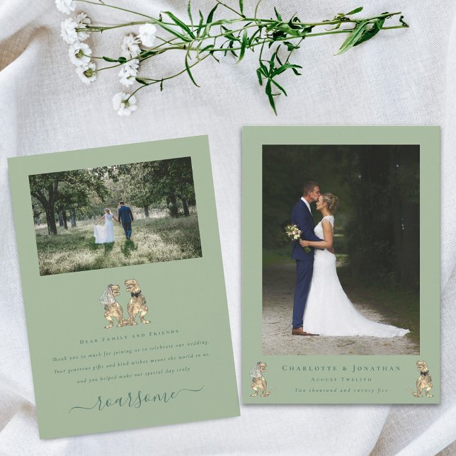 Cartão De Agradecimento Casamento Temático de Dinossauros com Foto Moderno (Dinosaur theme wedding 2 photo thank you sage green flat card T-Rex dino Bride and groom elegant )