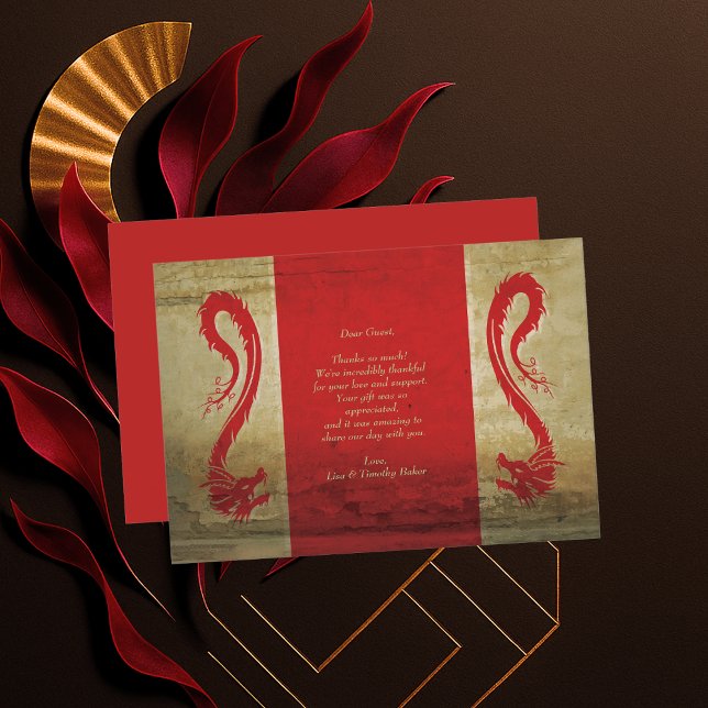 Cartão De Agradecimento Casamento Themed Asiático de Dragões Vermelhos e D (Red and Gold Dragons Asian Themed Wedding Thank You Card)