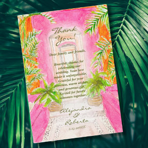 Cartão De Agradecimento Casamento Tropical com Aquarela no Destino Mexican