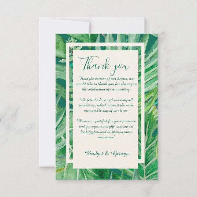 Cartão De Agradecimento casamento tropical de esmerald greenery (Frente)