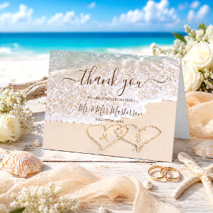 Cartão De Agradecimento Casamento Tropical de Praia com Ondas do Oceano Az