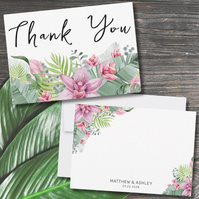 Cartão De Agradecimento Casamento Tropical Floral Elegante (Modern Elegant Palm Floral Beach Tropical Wedding Thank You Card)