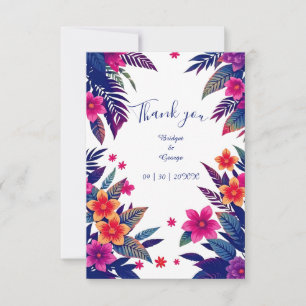 Cartão De Agradecimento Casamento Tropical Havaiano Floral Rosa Azul-Marin