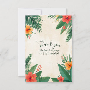 Cartão De Agradecimento Casamento Tropical Hibisco Havaí Laranja Vermelho