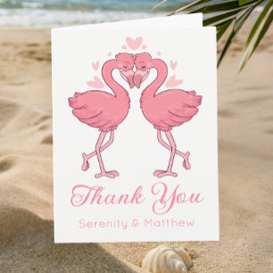 Cartão De Agradecimento Casamento Tropical na Praia com Flamingos Rosa Obr