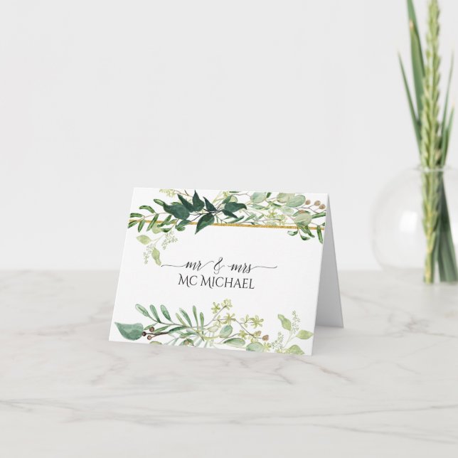 Cartão De Agradecimento Casamento Verde-Branco Eucalyptus Foliage Watercol (Frente)