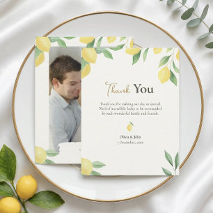 Cartão De Agradecimento Casamento Verde Cítrico com Limão e Foto ao Fundo
