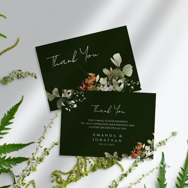 Cartão De Agradecimento Casamento Verde com Arranjos Florais de Aquarela (Criador carregado)