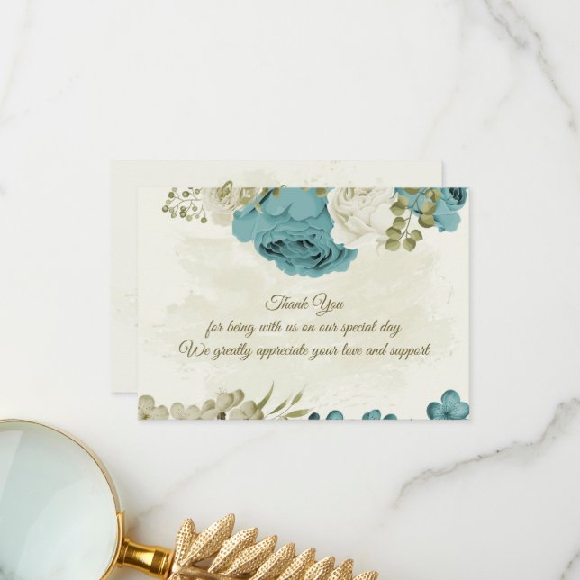 Cartão De Agradecimento casamento verde com flores brancas azuis (Frente/Verso In Situ)