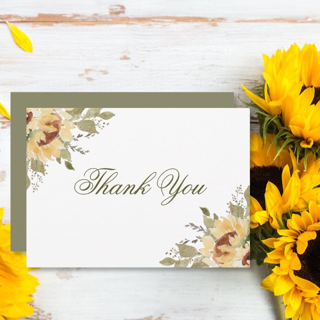 Cartão De Agradecimento Casamento Verde com Girassóis Suaves (Criador carregado)