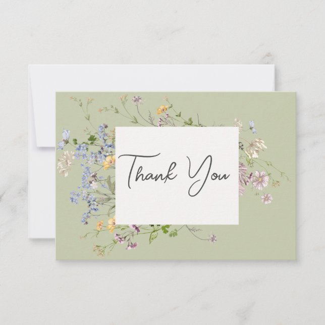 Cartão De Agradecimento Casamento Verde de Delicate Boho Wildflower (Frente)