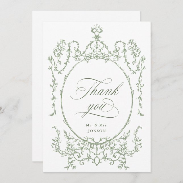 Cartão De Agradecimento Casamento Verde de Sage Floral Ornamentado Vitoria (Frente/Verso)