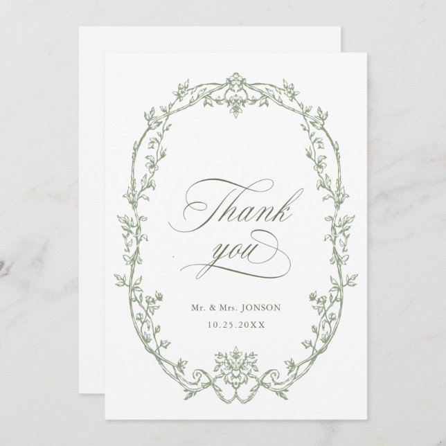 Cartão De Agradecimento Casamento Verde de Sage Floral Ornamentado Vitoria (Frente/Verso)