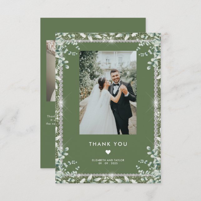 Cartão De Agradecimento Casamento Verde Eucalyptus Glitter Moderno (Frente/Verso)