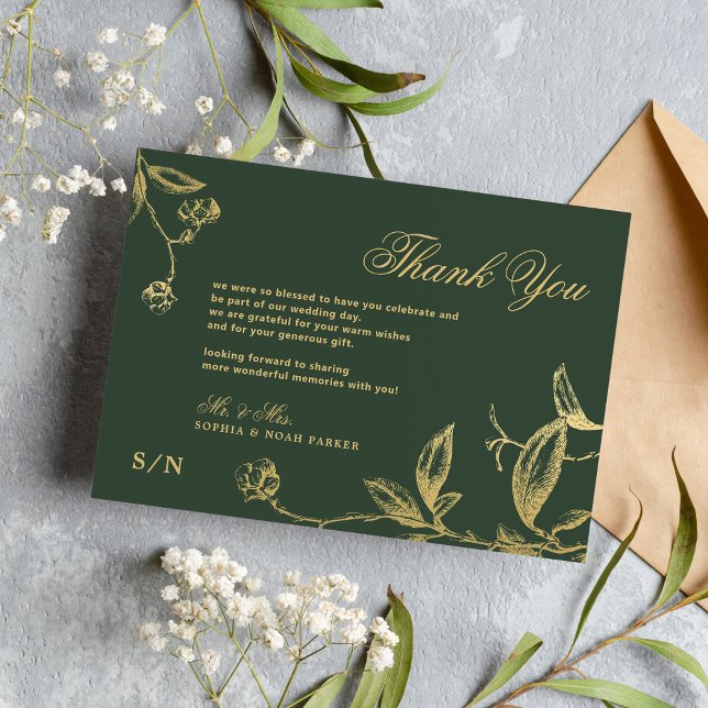 Cartão De Agradecimento Casamento verde floral com caligrafia de ouro eleg (Criador carregado)