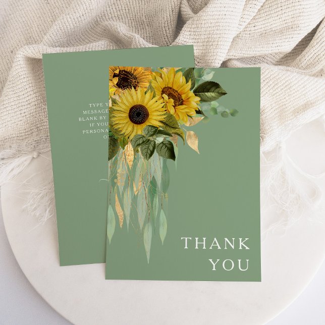Cartão De Agradecimento Casamento Verde Floral de Girassol Eucalyptus Sage (Floral Sunflower Eucalyptus Sage Green Wedding Thank You Card)