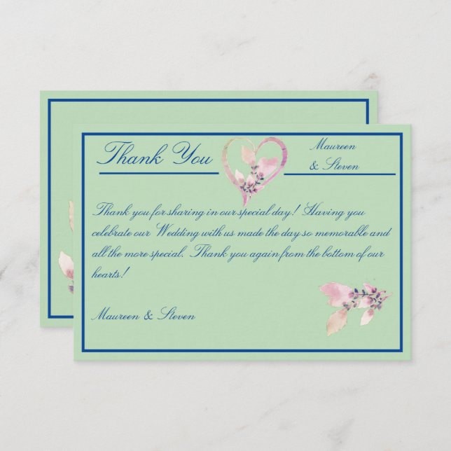 Cartão De Agradecimento Casamento Verde Floral e Azul (Frente/Verso)