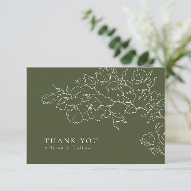 Cartão De Agradecimento Casamento verde sage floral desenhado à mão elegan (Em pé/Frente)