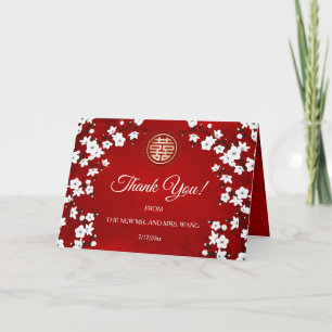 Cartão De Agradecimento Casamento Vermelho Chinês de Cereja Branca Obrigad