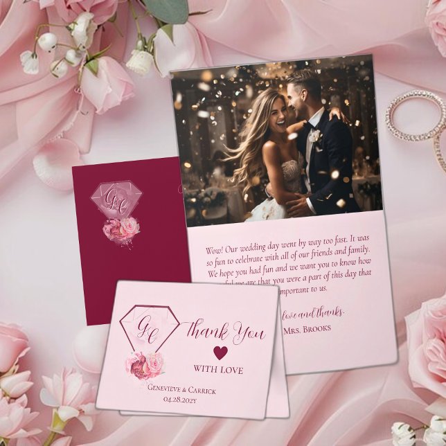 Cartão De Agradecimento Casamento Vermelho Cor-de-Rosa e Crimson (Criador carregado)