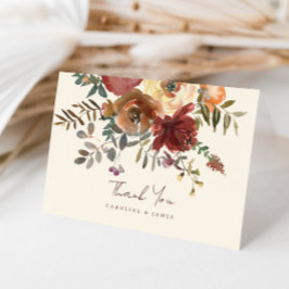 Cartão De Agradecimento Casamento Vermelho Floral de Queda Romântica Elega