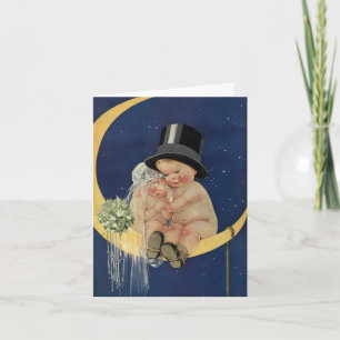 Cartão De Agradecimento casamento vintage, noiva e noiva em lua