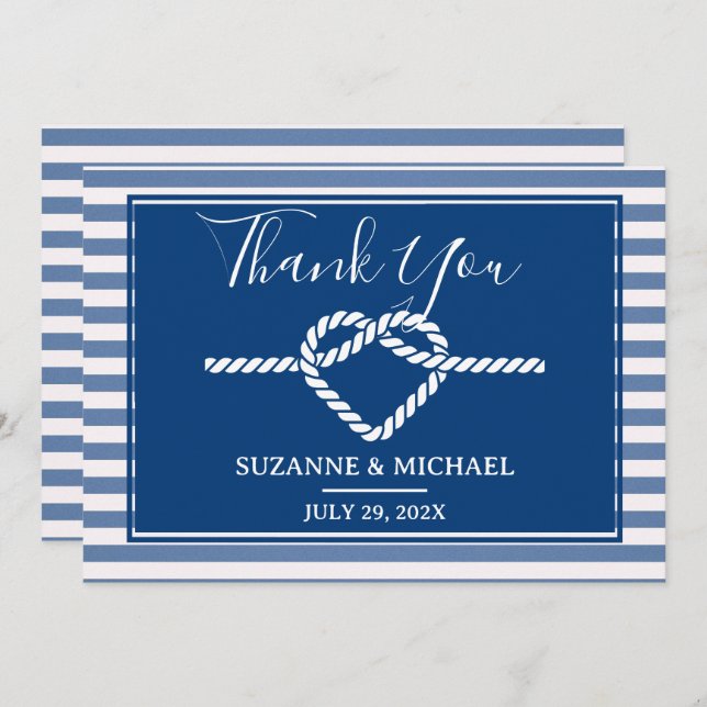 Cartão De Agradecimento Casando Náutico Stripes Marinho Casamento Azul (Frente/Verso)