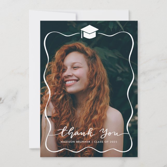 Cartão De Agradecimento Casual Obrigado Script Foto Do Formando Hat (Frente)