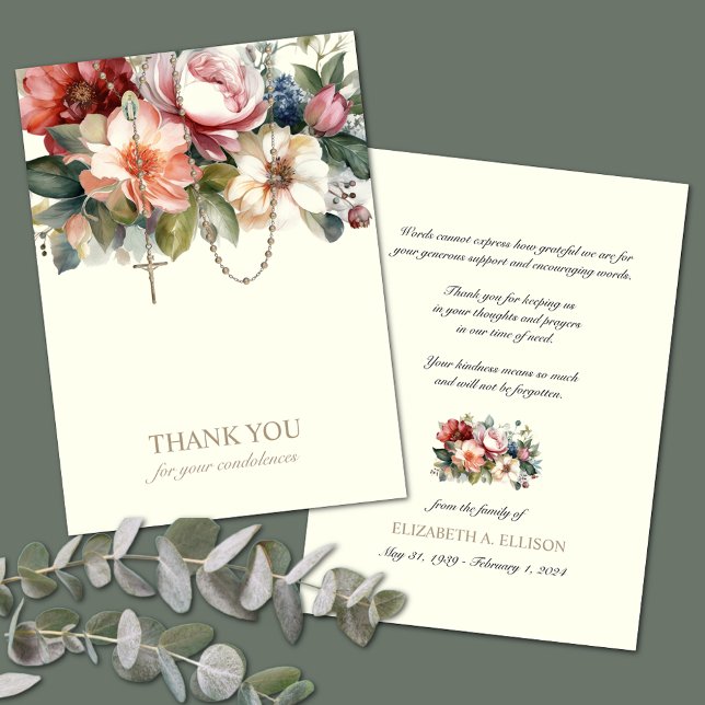 Cartão De Agradecimento Católica Floral Rosário Sinopatia de Condolência F (Easy to personalize Catholic Sympathy Thank You Cards)