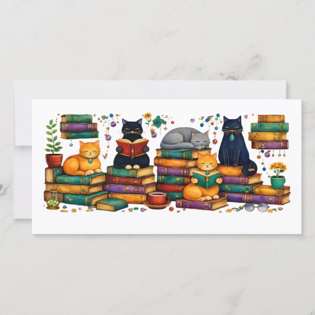 Cartão De Agradecimento Cats Reading Books Cozy Library Scene (Frente)