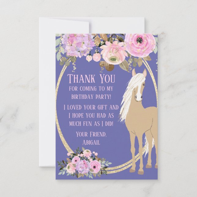 Cartão De Agradecimento Cavalo Bonito com Flores Rosa e Periwinkle (Frente)