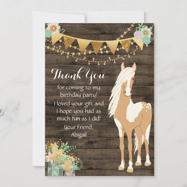 Cartão De Agradecimento Cavalo bonito e Flores Madeira Rústica (Frente)