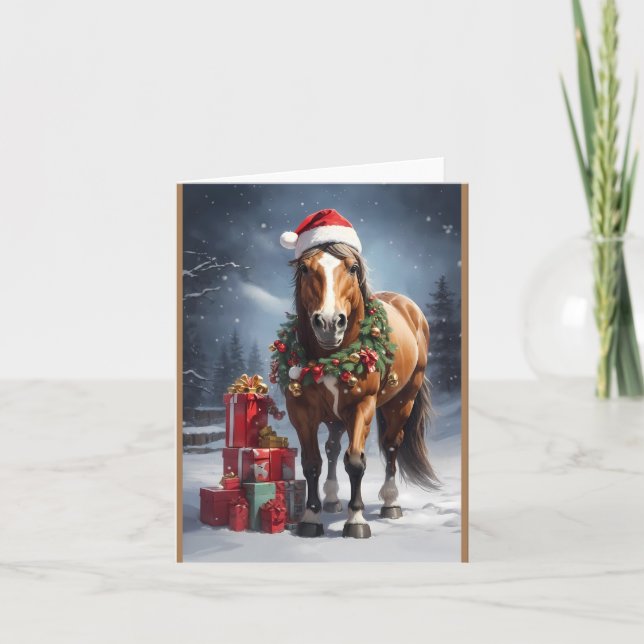 Cartão De Agradecimento cavalo com chapéu santa e presentes de natal (Frente)