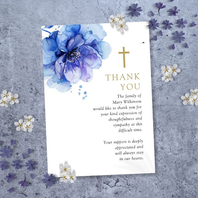 Cartão De Agradecimento Celebração Cristã da Vida Funeral Floral Azul (Blue Floral Christian Celebration Of Life Funeral Thank You Card)