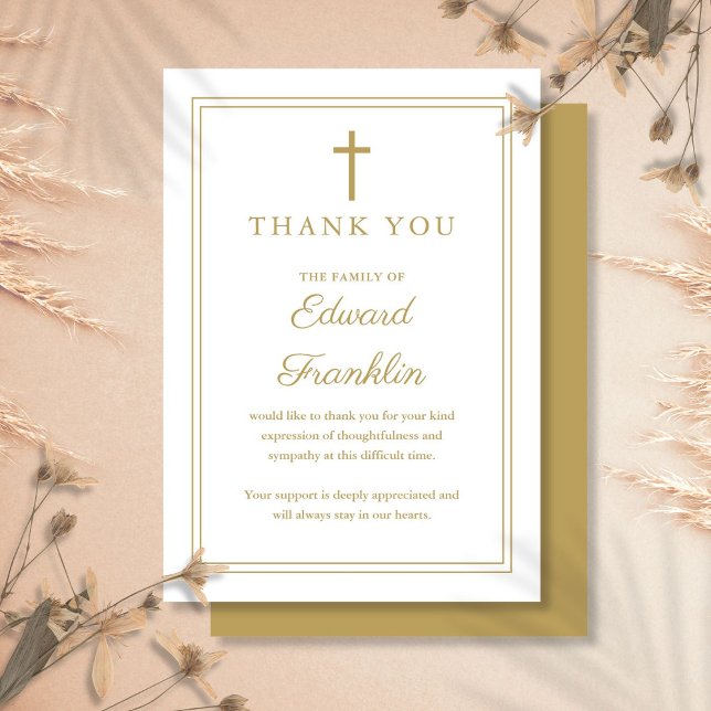 Cartão De Agradecimento Celebração Cristã Elegante E Dourada Do Funeral Da (Elegant Gold Christian Celebration Of Life Funeral Thank You Card)