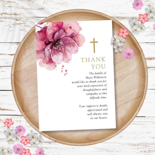 Cartão De Agradecimento Celebração Cristã Floral Rosa Do Funeral Da Vida (Pink Floral Christian Celebration Of Life Funeral Thank You Card)