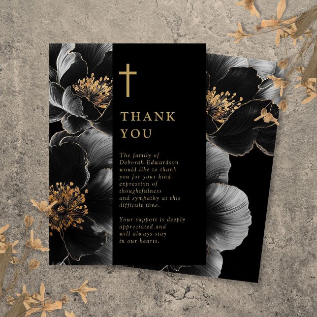 Cartão De Agradecimento Celebração Cristã Preta E Dourada Da Vida (Black And Gold Christian Celebration Of Life Thank You Card)