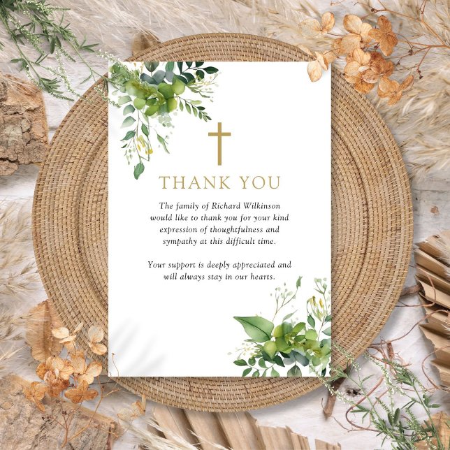 Cartão De Agradecimento Celebração Da Vida Funeral Por Christian Greeneren (Christian Greenery Celebration Of Life Funeral Thank You Card)
