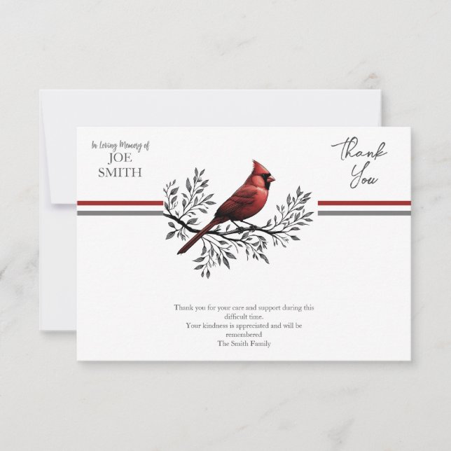 Cartão De Agradecimento Celebração da Vida pelo Memorial Funeral Cardeal (Frente)