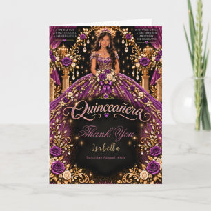 Cartão De Agradecimento Celebração de Quinceañera em Dourado Roxo