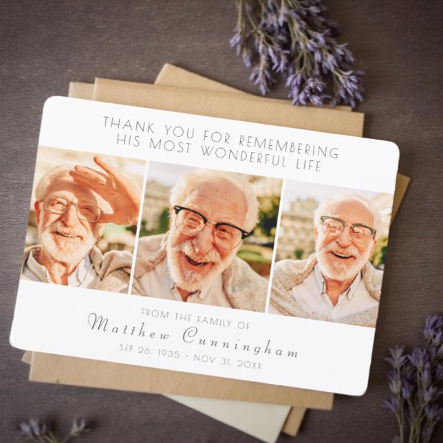 Cartão De Agradecimento Celebração de Sua Vida Moderna Simples Três Fotos (Criador carregado)