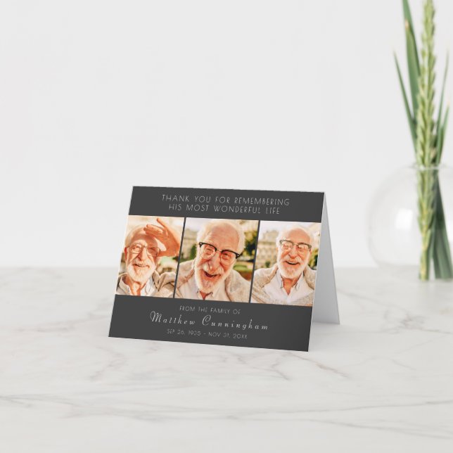 Cartão De Agradecimento Celebração de Sua Vida Moderna Simples Três Fotos (Frente)